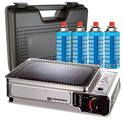 KEMPER - Plancha de gas portátil de 2300 W, placa antiadherente + 4 cartuchos...